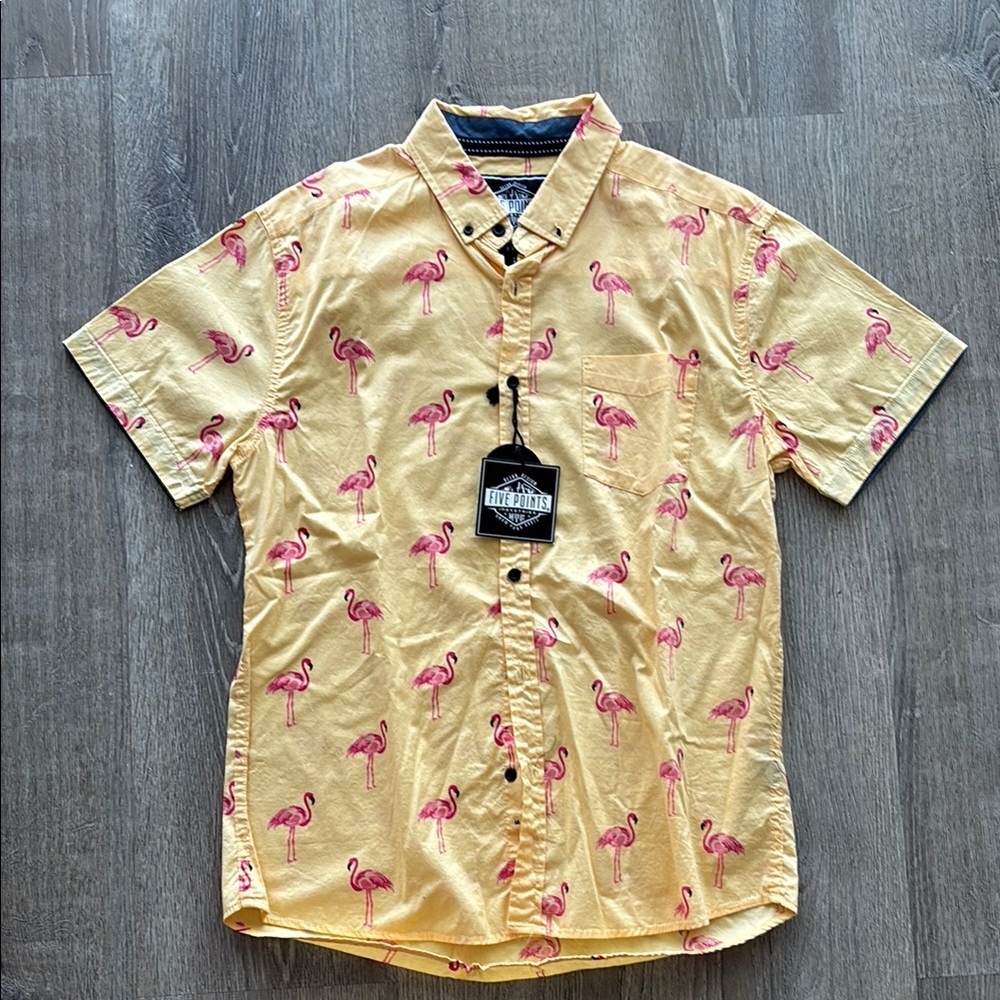 Yellow flamingo causal button down